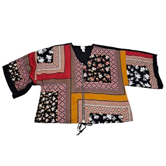 Chico's Tops - Chico's Bohemian Patchwork Zipper Front 3/4 Sleeve Top Size 2 Medium Multi-Color